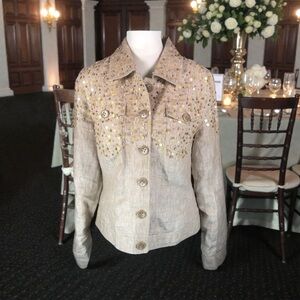 Just B Berek Western Formal Jacket Tan Size L 100% Linen Gold Sequins Beading